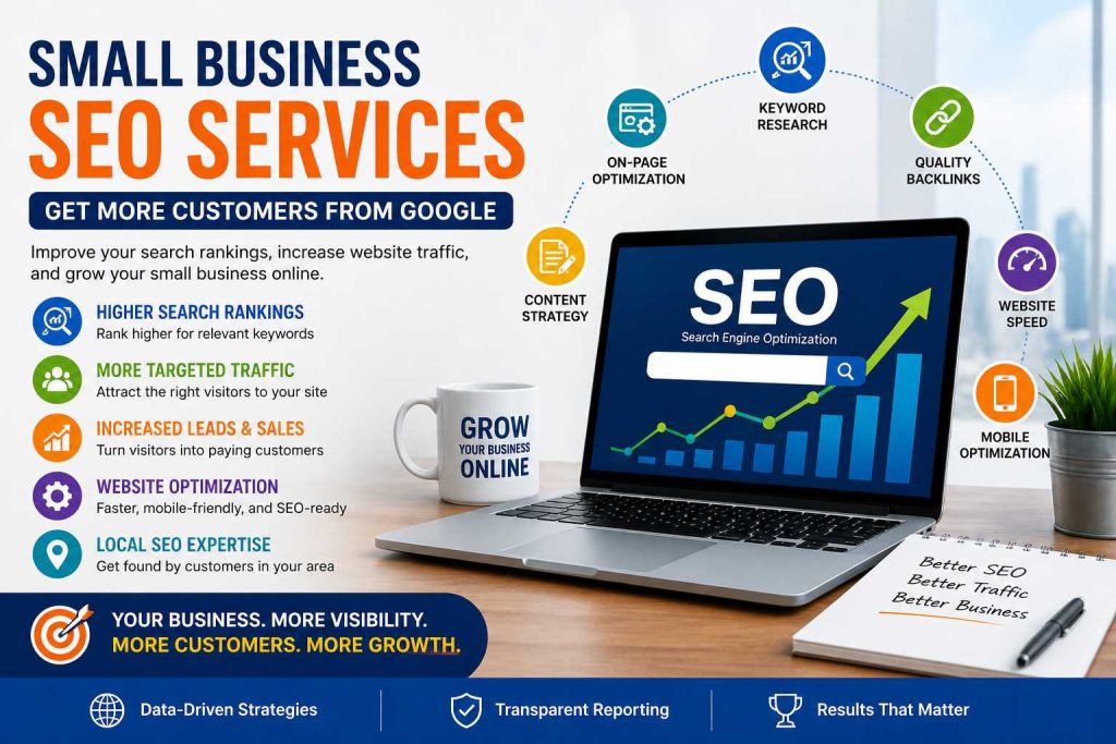 Small Business SEO Services infographic showing website optimization, keyword research, content strategy, quality backlinks, website speed, mobile optimization, and SEO growth for small businesses.