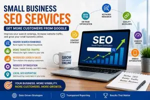 Small Business SEO Services infographic showing website optimization, keyword research, content strategy, quality backlinks, website speed, mobile optimization, and SEO growth for small businesses.