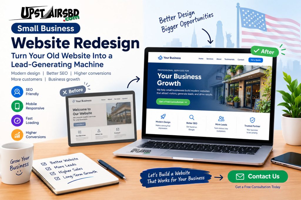 Small business website redesign showing an outdated website transformed into a modern lead-generating website