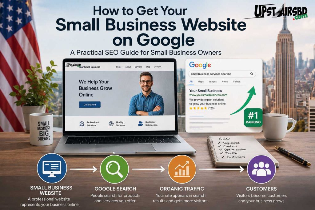 Small business SEO strategy showing Google search visibility, website traffic, and online customer growth