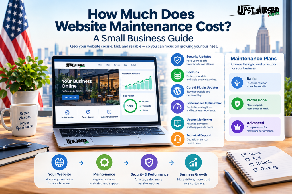 Website maintenance cost guide showing small business website security, backups, updates, performance, and support